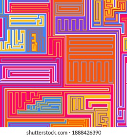 Retro video game inspired maze pattern in bright neon colors. Vector seamless pattern design for textile, fashion, paper, packaging and branding. 