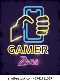 retro video game neon with hand using smartphone vector illustration design