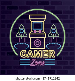 neón de videojuego retro con diseño de ilustraciones vectoriales de máquinas y cohetes