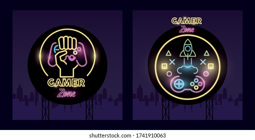retro video game neon with rocket and control vector illustration design