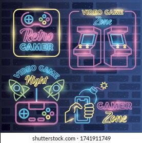 retro video game neon with set icons vector illustration design