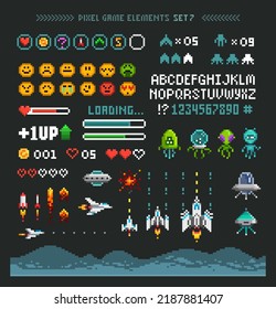 Retro video game pixel elements with icons set. Pixel Art Space Arcade set of Planets, Ufo aliens, space ships, rockets. Vintage 8-bit computer game in 80s -90s style. Vector template