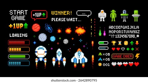 Retro video game pixel elements for 8-bit space arcade. 8 bit  computer game in 90s style. Pixel art space ships. Pixelated Space arcade elements template - vector illustration