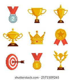 Retro video game pixel golden trophies. Medals, cups, crown and statuette, victory awards, mobile app, first place prize, achieve goal symbol. Championship nowaday vector isolated set