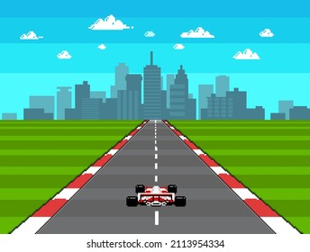 Retro video game Race Arcade in Pixel Art style vector illustration. 8-bit Pixel graphics with city background with racing track