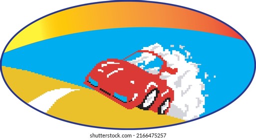 Retro video game Racing room in Pixel Art style vector illustration. Pixel graphics 8 bit logo out of race