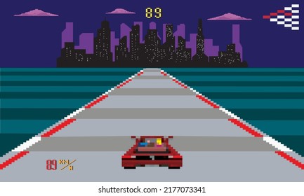 Retro Video Game Racing Room In Pixel Art Style Vector Illustration. 8 Bit Pixel Graphics With Night City Background 