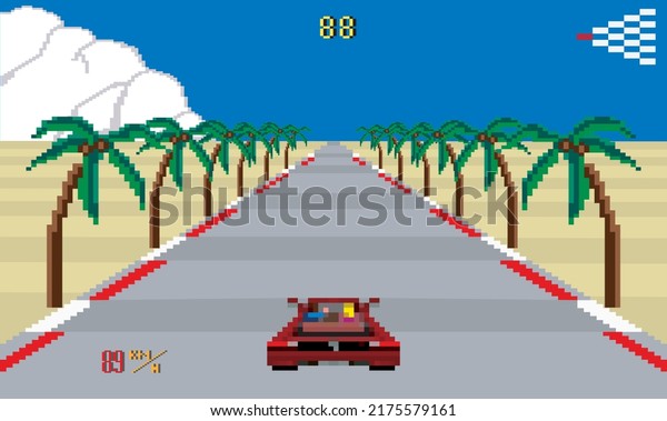 Retro video game Racing room in vector illustration\
Pixel Art style. 8-bit Pixel graphics with palm tree beach\
background. out run