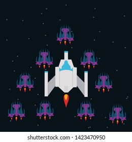 Retro video game, screen, arcade space warships, shooting, background map, vector graphic design illustration. 16 bit, 8 bit . Space place. Battles under the stars. Old computer games.