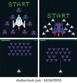 Retro video game, screen, arcade space warships, shooting, background map, vector graphic design illustration. 16 bit, 8 bit . Space place. Battles under the stars. Old computer games.