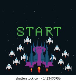 Retro video game, screen, arcade space warships, shooting, background map, vector graphic design illustration. 16 bit, 8 bit . Space place. Battles under the stars. Old computer games.