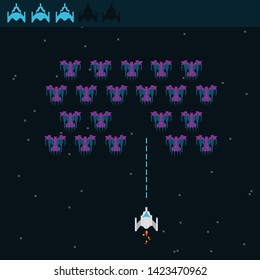 Retro Video Game, Screen, Arcade Space Warships, Shooting, Background Map, Vector Graphic Design Illustration. 16 Bit, 8 Bit . Space Place. Battles Under The Stars. Old Computer Games.