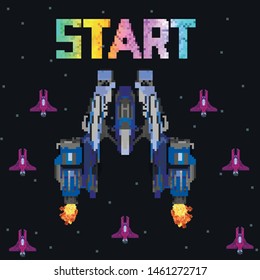 Retro Video Game, Screen, Arcade Space Warships, Shooting, Background Map, Vector Graphic Design Illustration. 16 Bit, 8 Bit . Space Place. Battles Under The Stars. Old Computer Games.