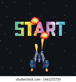 Retro video game, screen, arcade space warships, shooting, background map, vector graphic design illustration. 16 bit, 8 bit . Space place. Battles under the stars. Old computer games.