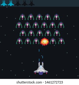 Retro video game, screen, arcade space warships, shooting, background map, vector graphic design illustration. 16 bit, 8 bit . Space place. Battles under the stars. Old computer games.