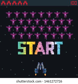 Retro video game, screen, arcade space warships, shooting, background map, vector graphic design illustration. 16 bit, 8 bit . Space place. Battles under the stars. Old computer games.