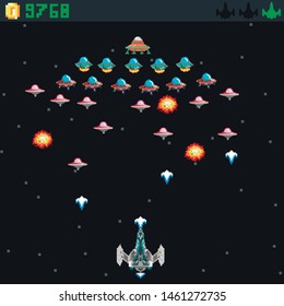 Retro Video Game, Screen, Arcade Space Warships, Shooting, Background Map, Vector Graphic Design Illustration. 16 Bit, 8 Bit . Space Place. Battles Under The Stars. Old Computer Games.