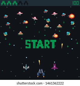 Retro video game, screen, arcade space warships, shooting, background map, vector graphic design illustration. 16 bit, 8 bit . Space place. Battles under the stars. Old computer games.