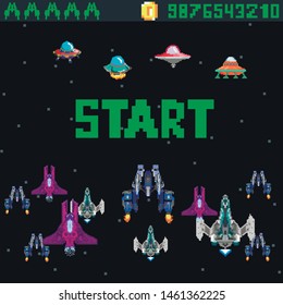 Retro video game, screen, arcade space warships, shooting, background map, vector graphic design illustration. 16 bit, 8 bit . Space place. Battles under the stars. Old computer games.