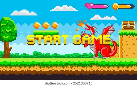 Retro-Videospiel-Bildschirm mit einem Drachen, Münzen und START GAME Text. Ideal für Vintage-Gaming, Fantasy-Themen, Abenteuer, Pixel-Art-Design und nostalgische Medien