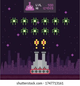 espacio retro de videojuegos diseño de ilustración vectorial de escenas pixeladas