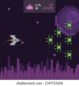 retro video game space pixelated scene vector illustration design
