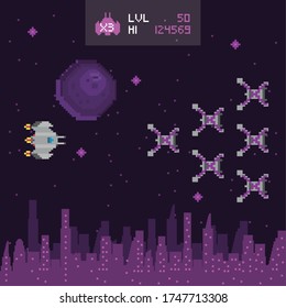 retro video game space pixelated scene vector illustration design