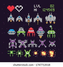 retro video game space pixelated set icons vector illustration design