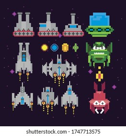 retro video game space pixelated set icons vector illustration design