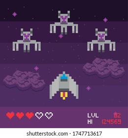 espacio retro de videojuegos diseño de ilustración vectorial de escenas pixeladas