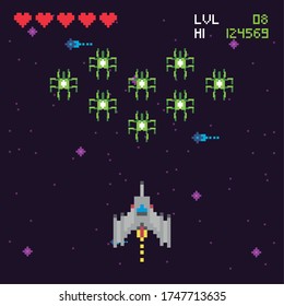 espacio retro de videojuegos diseño de ilustración vectorial de escenas pixeladas
