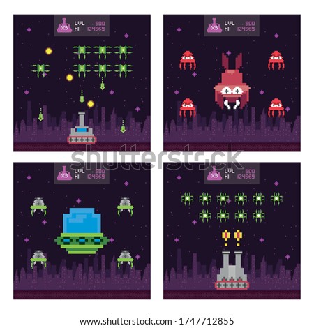 retro video game space pixelated scenes vector illustration design