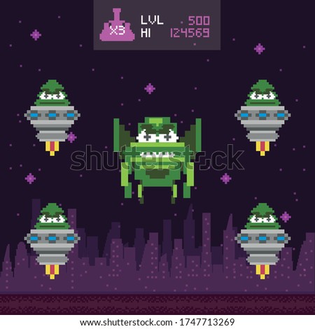 retro video game space pixelated scene vector illustration design