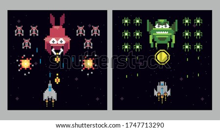 retro video game space pixelated scenes vector illustration design