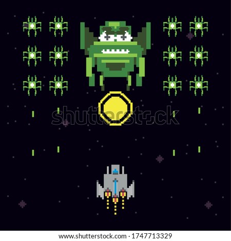 retro video game space pixelated scene vector illustration design