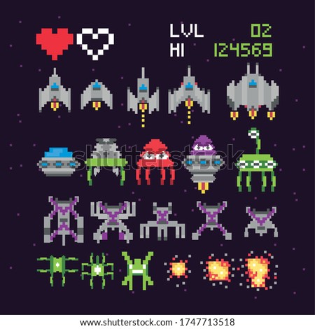 retro video game space pixelated set icons vector illustration design