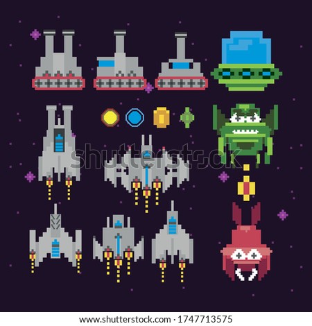 retro video game space pixelated set icons vector illustration design
