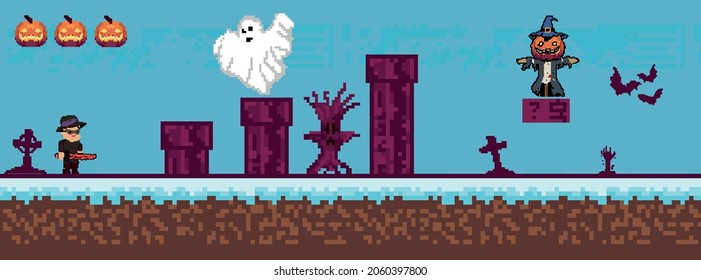 Retro video games, halloween arcade games ghosts, monsters, card background, old computer games.
vector illustration