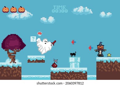 Retro video games, halloween arcade games ghosts, monsters, card background, old computer games.
vector illustration