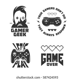 Retro Video Games Related T-shirt Design Set. Monochrome Joystick Set. Quotes About Gaming. Gamer Geek Glasses. Vector Vintage Illustration.