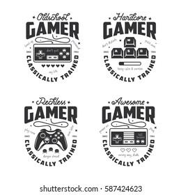 Retro video games related t-shirt design. Oldschool gamer text. Monochrome joystick set. Quotes about gaming. Pixel hearts and monsters. Vector vintage illustration.