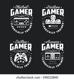 Retro video games related t-shirt design. Oldschool gamer text. Monochrome joystick set. Quotes about gaming. Pixel hearts and monsters. Vector vintage illustration.