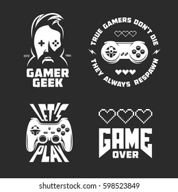 Retro video games related t-shirt design set. Monochrome joystick set. Quotes about gaming. Gamer geek glasses. Vector vintage illustration.