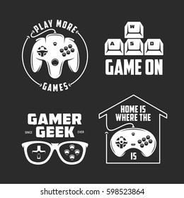 Retro Video Games Related T-shirt Design Set. Monochrome Joystick Set. Quotes About Gaming. Gamer Geek Glasses. Vector Vintage Illustration.