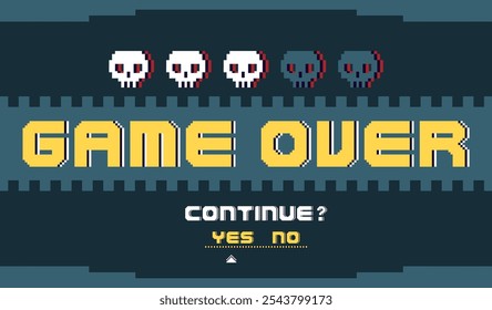 Retro video gaming screen. Pixel art 8 bit design. Retro arcade style. Human skulls. Inscription game over. Character death. Pause panel UI. Failure console graphic