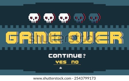 Retro video gaming screen. Pixel art 8 bit design. Retro arcade style. Human skulls. Inscription game over. Character death. Pause panel UI. Failure console graphic