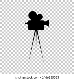 Retro video recording camera on tripod sign. Black icon on transparent background. Illustration.