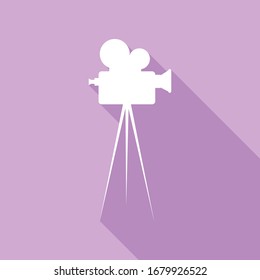 Retro video recording camera on tripod sign. White Icon with long shadow at purple background. Illustration.