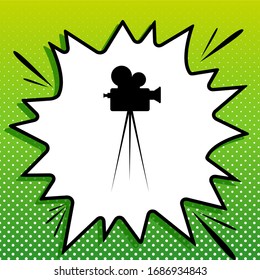 Retro video recording camera on tripod sign. Black Icon on white popart Splash at green background with white spots. Illustration.