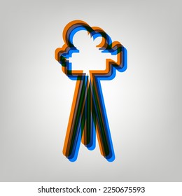 Retro video recording camera on tripod sign. Stroked Icon in orange, azure and old lavender Colors at gray Background. Illustration.
